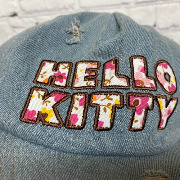 Hello Kitty Distressed Hat Cap Strap Back Blue Sanrio Embroidered Spell Out - Picture 6 of 14